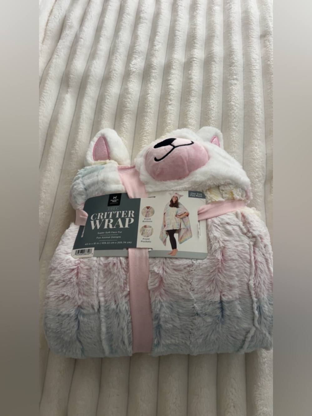 Cozy Critter Wrap Hooded Plush Throw - White & Pastel Pink